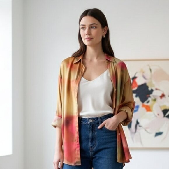 NWT J.ING Gold Tone Satin Long Sleeve Oversize Blouse - Picture 1 of 8